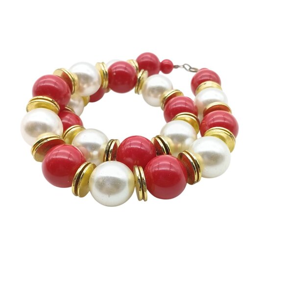 Vintage Red & White Bead Necklace with Gold Tone Accents - Picture 3 of 3